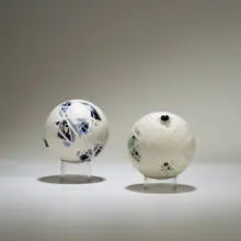 Richard M. Lori, Arthur and Rosie, 1977, sandblasted ceramic sphere, slip-cast sphere, white and cobalt earthenware