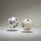 Richard M. Lori, Arthur and Rosie, 1977, sandblasted ceramic sphere, slip-cast sphere, white and cobalt earthenware
