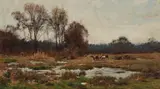 Cattle watering in an autumnal landscape by Hugh Bolton Jones, oil on canvas, offered Jan 2021