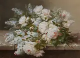 Raoul Maucherat de Longpré, A bouquet of lilacs and roses on a stone ledge, watercolor and gouache on paper