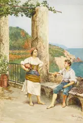 Alberto Collina, An encounter on a coastal balcony, watercolor and gouache on paper