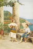 Alberto Collina, An encounter on a coastal balcony, watercolor and gouache on paper