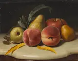 Peter Baumgras, A still life with peaches and pears, oil on joined wood panel