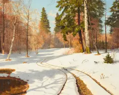 Boris Bessonov, A snow covered landscape, oil on canvas