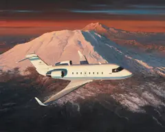 William S. Phillips, Untitled [Gulfstream aircraft flying over mountains], 1993, acrylic on canvas