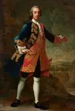Bartolomeo Nazari, Portrait of a gentleman, full-length, in a blue coat and red waistcoat decorated with gold braid, standing in an Italianate landscape, oil on canvas