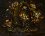 French School, A sculpted stone cartouche decorated with floral garlands