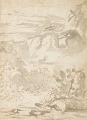 Salvator Rosa, A study for fighting figures in a cavalry engagement, pen and brown ink with grey wash on paper