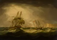 Thomas Buttersworth, A British frigate and other shipping in a storm off Dover, oil on canvas