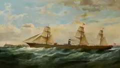 Samuel Walters, The S.S. City of Berlin outward bound passing Cape Pine lighthouse, oil on canvas