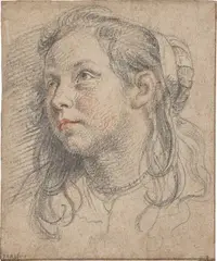 Jan Cossiers, Porträt eines jungen Mädchens mit langem Haar, Schwarze, weiße und rote Kreide auf Papier
