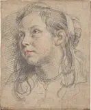 Jan Cossiers, Porträt eines jungen Mädchens mit langem Haar, Schwarze, weiße und rote Kreide auf Papier