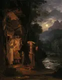 Franz Ludwig Catel, Ein Pilger und eine Pilgerin bitten bei einem Einsiedler um Einkehr, 1818, Öl auf Leinwand. Doubliert