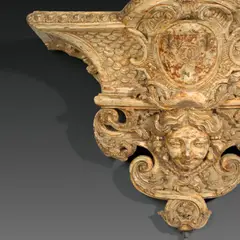 Paris, um 1810, Konsole aus königlich französischem Umfeld - console d'applique, Um 1700, Eiche, geschnitzt, gefaßt; Reste der ursprünglichen Vergoldung; Eisenhalterungen