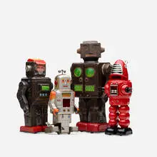 Asian, collection of four robots, enameled tin, metal, plastic
