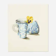 2 Marbled Cups with Flower by Dalia Ramanauskas, c. 1969, ink on paper, sold Mar 2020