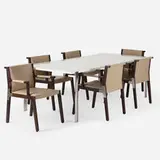 Jean-Michel Wilmotte, dining set, c. 2010, composite, polished aluminum, mahogany, brushed steel, leather