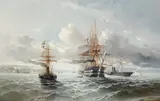 Richard Henry Nibbs, French sailing ships at the mouth of a harbor, oil on canvas