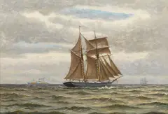 A schooner at sea by Frants Landt, oil on canvas, offered Nov 2020