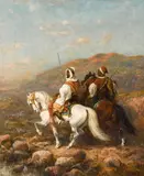 Adolf Schreyer, Roving Arabian horsemen, oil on canvas laid down on masonite