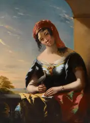 A lady holding a bird on a balcony by Henry Nelson O'Neil, oil on panel, offered Nov 2020