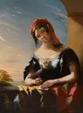 Ara Henry Nelson O'Neil, A lady holding a bird on a balcony, oil on panel
