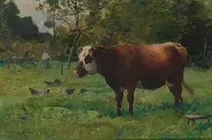 A cow at pasture with a milkmaid in the distance by Julien Dupré, oil on panel, sold Nov 2020