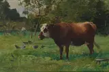 Julien Dupré, A cow at pasture with a milkmaid in the distance, oil on panel
