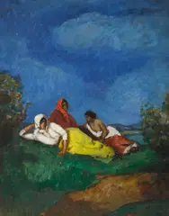 Three ladies resting in the hills near a lake by Béla Iványi-Grünwald, oil on panel, sold Nov 2020