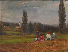 Lajos Kunffy, An afternoon outing with figures resting in a field, oil on canvas