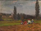 Lajos Kunffy, An afternoon outing with figures resting in a field, oil on canvas