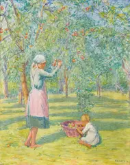 Lajos Kunffy, Apple picking, oil on canvas