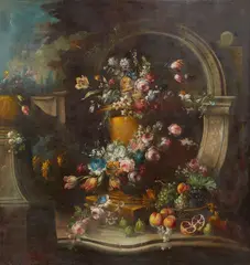 Bartolomeo Bimbi, A still life of flowers and fruit in an architectural niche, oil on canvas