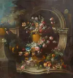 Bartolomeo Bimbi, A still life of flowers and fruit in an architectural niche, oil on canvas