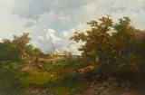 Emile Keymeulen, A landscape with a shepherd and his family and flock in a forest clearing, oil on canvas