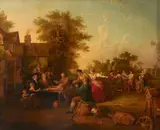 M. Carier, An active village scene with figures meeting and dancing, oil on canvas laid down on masonite