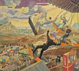 Maryan Zurek, Kirmes zwischen Vergnügen und Tod, 1940, Öl auf Leinwand, auf Sperrholz aufgezogen