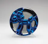 Balloon Dog (blue) by Jeff Koons, 2002, Cast porcelain with blue reflective finish attached to plate; with plastic stand and original box, sold Jun 2008