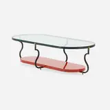 Tommi Parzinger, coffee table, model 222, c. 1965, brass, enameled iron, lacquered wood, glass