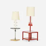 Tommi Parzinger, lamp tables, set of two, c. 1965, mahogany, brass, silk, enameled wood and metal