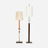 Tommi Parzinger, floor lamps, set of two, c. 1965, mahogany, enameled metal, brass, silk