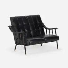 settee by Jacques Adnet, c. 1950, stitched leather, brass, sold Mar 2020