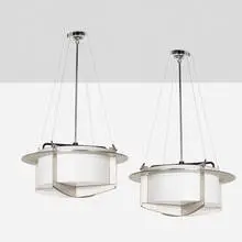 Mid-Century Modern, suspension chandeliers, pair, c. 1968, brushed stainless steel, chromed and enameled steel, glass, suspension cable