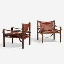 Arne Norell, Sirocco Safari lounge chairs, pair, c. 1960, vinyl, stained oak, brass