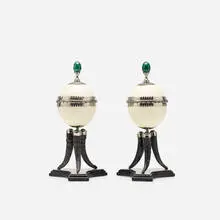 lidded boxes, pair by J. Antony Redmile, c. 1970, ostrich egg, nickel silver, horn, malachite, lacquered wood, sold Mar 2020