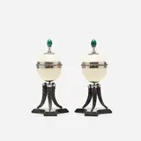 J. Antony Redmile, lidded boxes, pair, c. 1970, ostrich egg, nickel silver, horn, malachite, lacquered wood