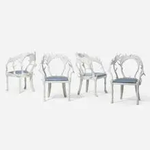 European Fallow Horn chairs, set of four by J. Antony Redmile, c. 1980, lacquered resin, lacquered wood, upholstery, sold Mar 2020