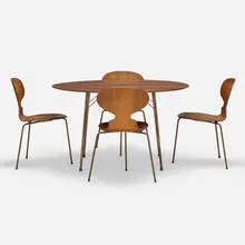 dining set by Arne Jacobsen, 1952, rosewood plywood, matte chrome-plated steel, plastic, sold Mar 2020