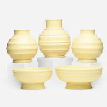 Keith Murray, collection of five vessels, c. 1930, Matt Straw glazed ceramic