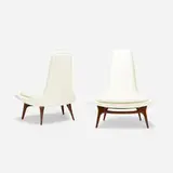 lounge chairs, pair by Karpen of California, c. 1950, vinyl, walnut, sold Mar 2020